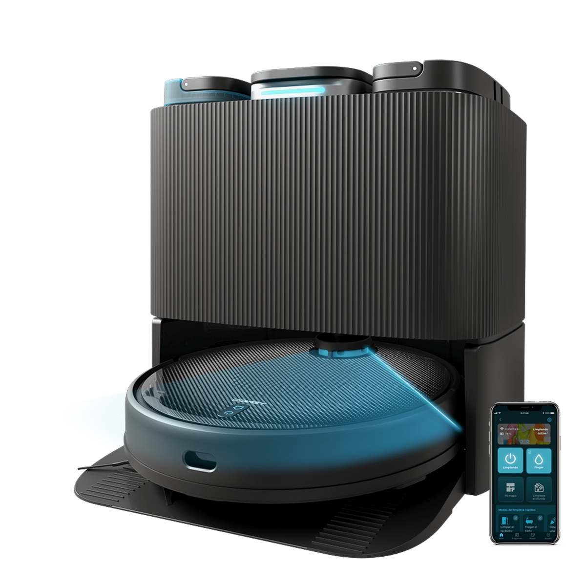 Robot aspirapolvere nero e grigio, con base e app su un telefono.
