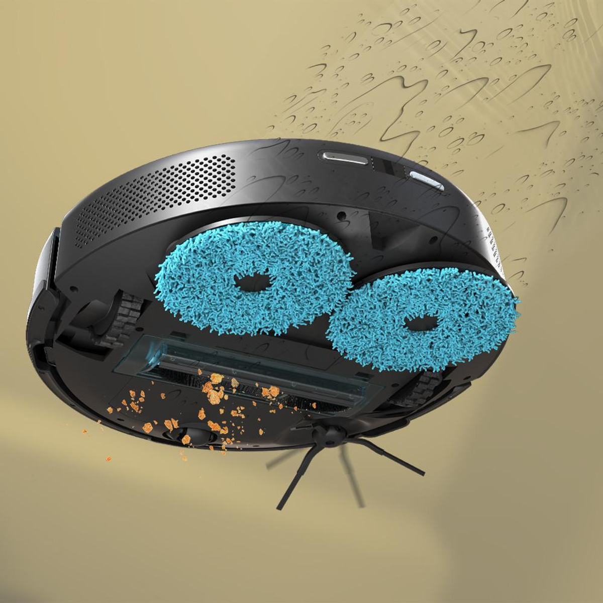Sottopancia di un robot aspirapolvere con tamponi blu e detriti.