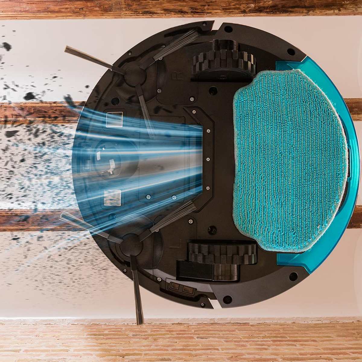 Robot sprzątający, czarny i turkusowy, z turkusową nakładką czyszczącą i szczotkami. Efekty kurzu i światła.