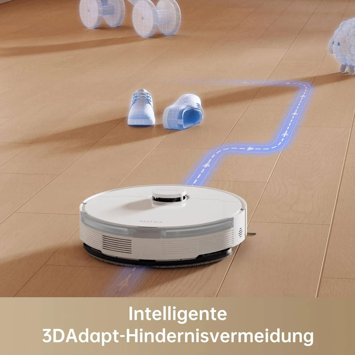 Robot aspirapolvere bianco su pavimento in legno. Ha un indicatore di percorso blu.