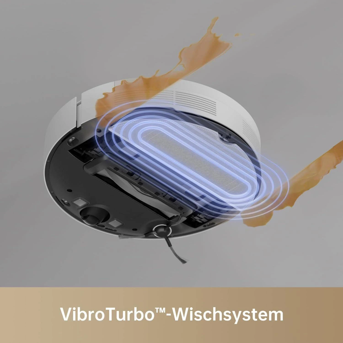 Una vista inferiore di un aspirapolvere robot bianco, con un effetto di illuminazione blu.