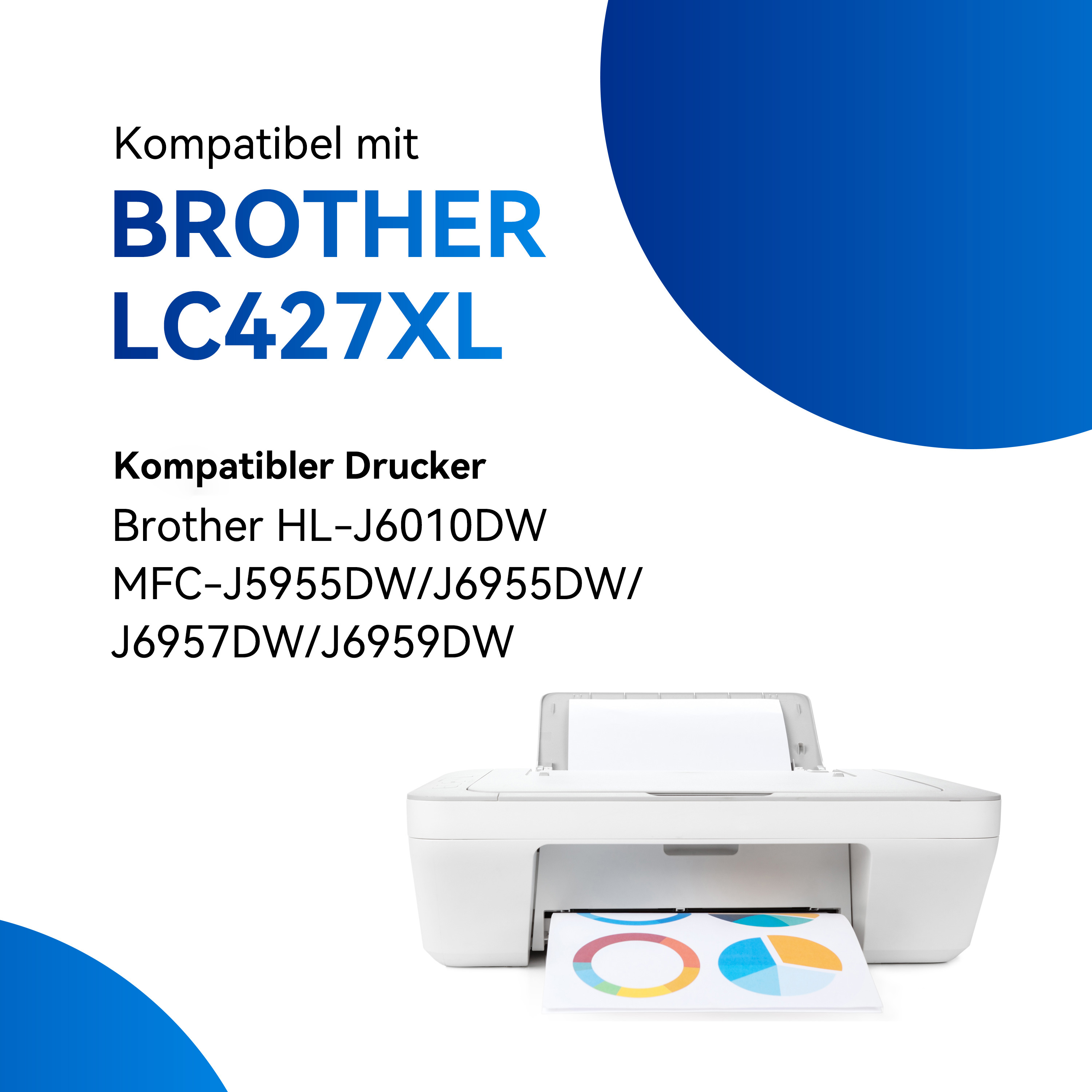 Een witte printer met een kleurenafdruk. Teksten over compatibiliteit met Brother LC427XL worden weergegeven.