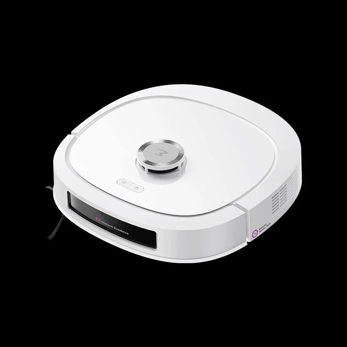 Robot aspirador blanco con parte superior plateada y sensor de obstáculos negro.