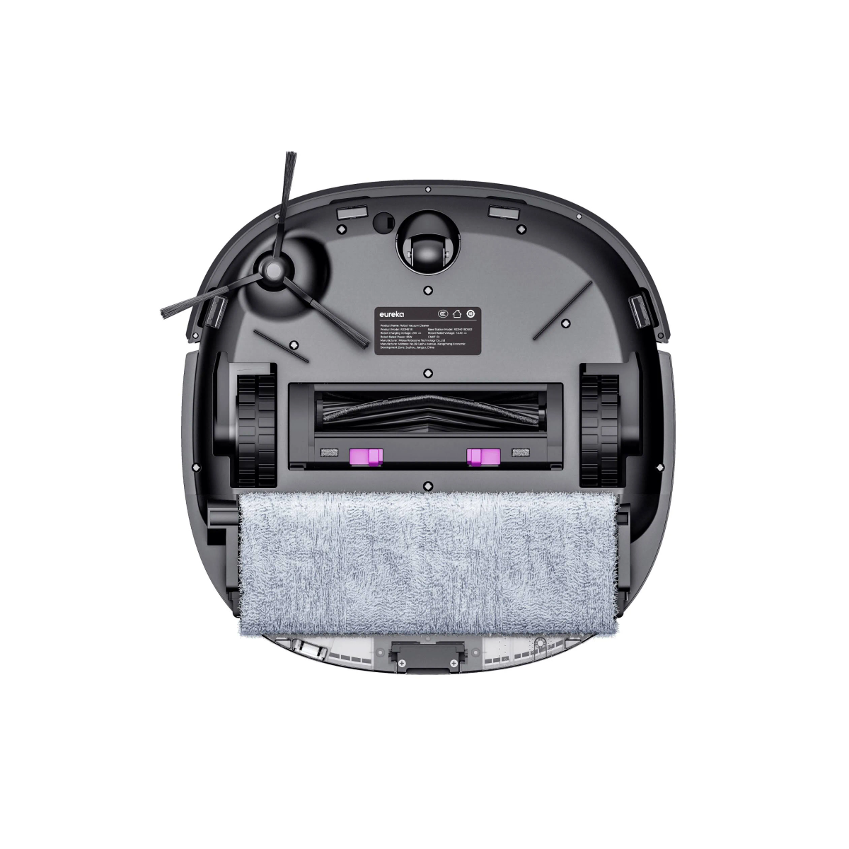 La parte inferior de un robot aspirador negro con una mopa de microfibra azul adjunta.