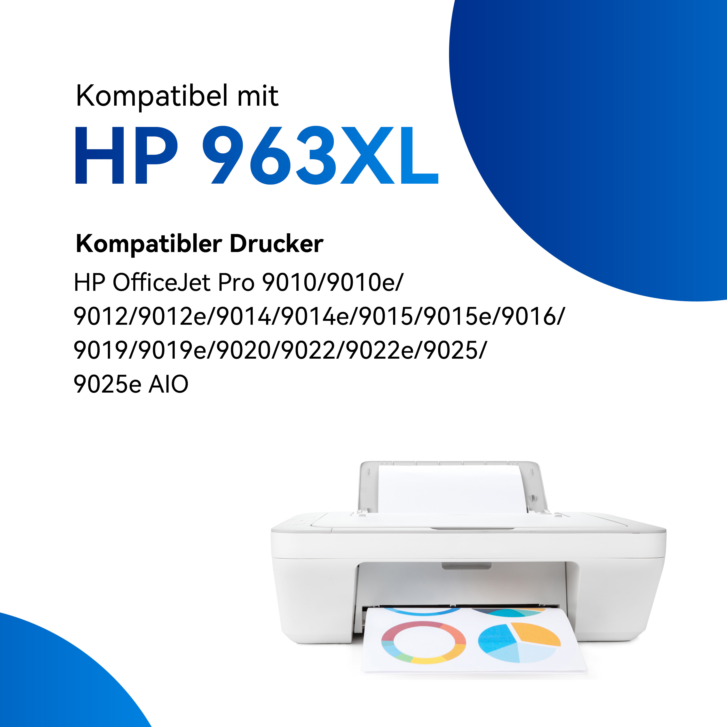 Imprimante blanche avec papier, texte : 'HP 963XL imprimante compatible' sur fond bleu.