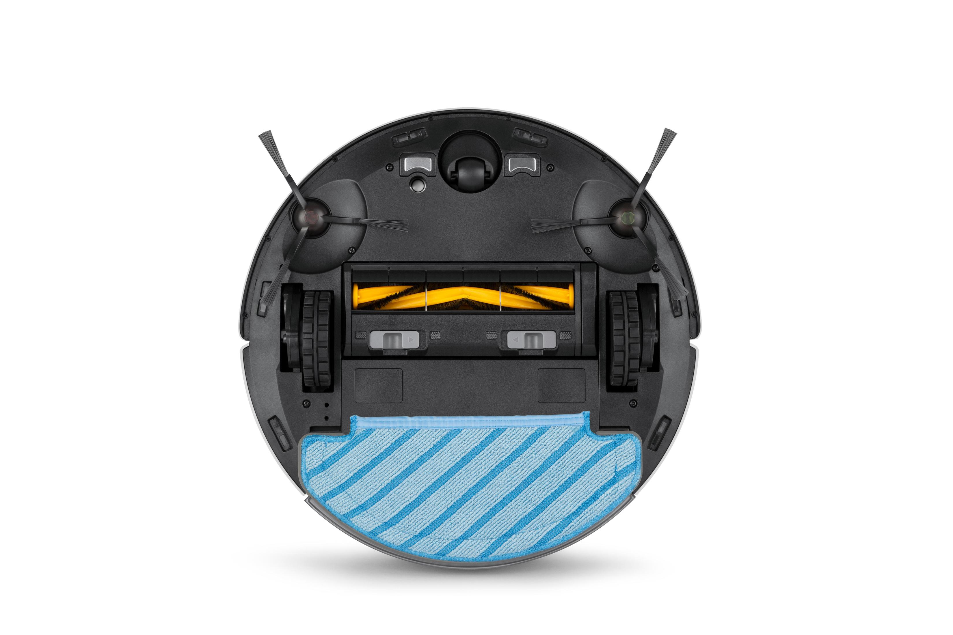 Robot odkurzający, widok od dołu, z dołączoną szczotką i mopem.