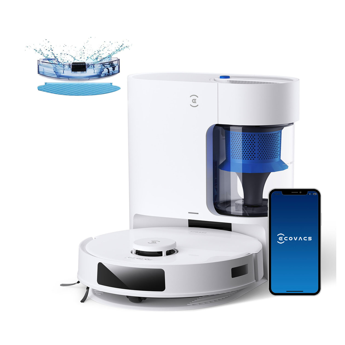 Biały odkurzacz robot z pojemnikiem na wodę, stacją czyszczącą i smartfonem z aplikacją Ecovacs.