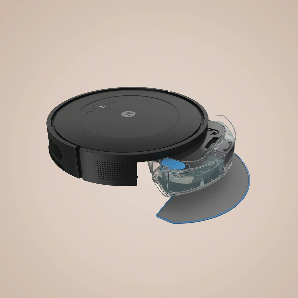 Robot aspirapolvere nero con serbatoio dell'acqua staccato, sfondo chiaro. Dettagli blu visibili.