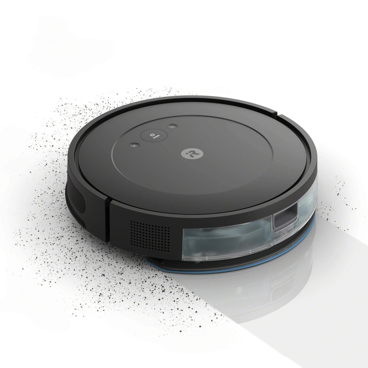 Aspirapolvere robot nero, con particelle di polvere. Contiene serbatoio acqua e carica.