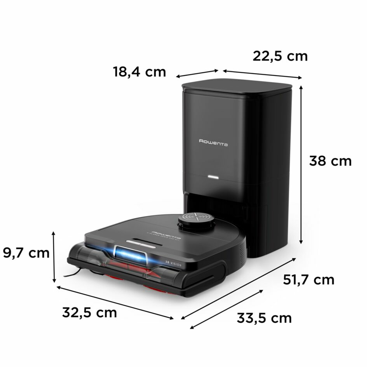 Roboter-Staubsauger und Dockingstation mit Abmessungen. Weißer Hintergrund.