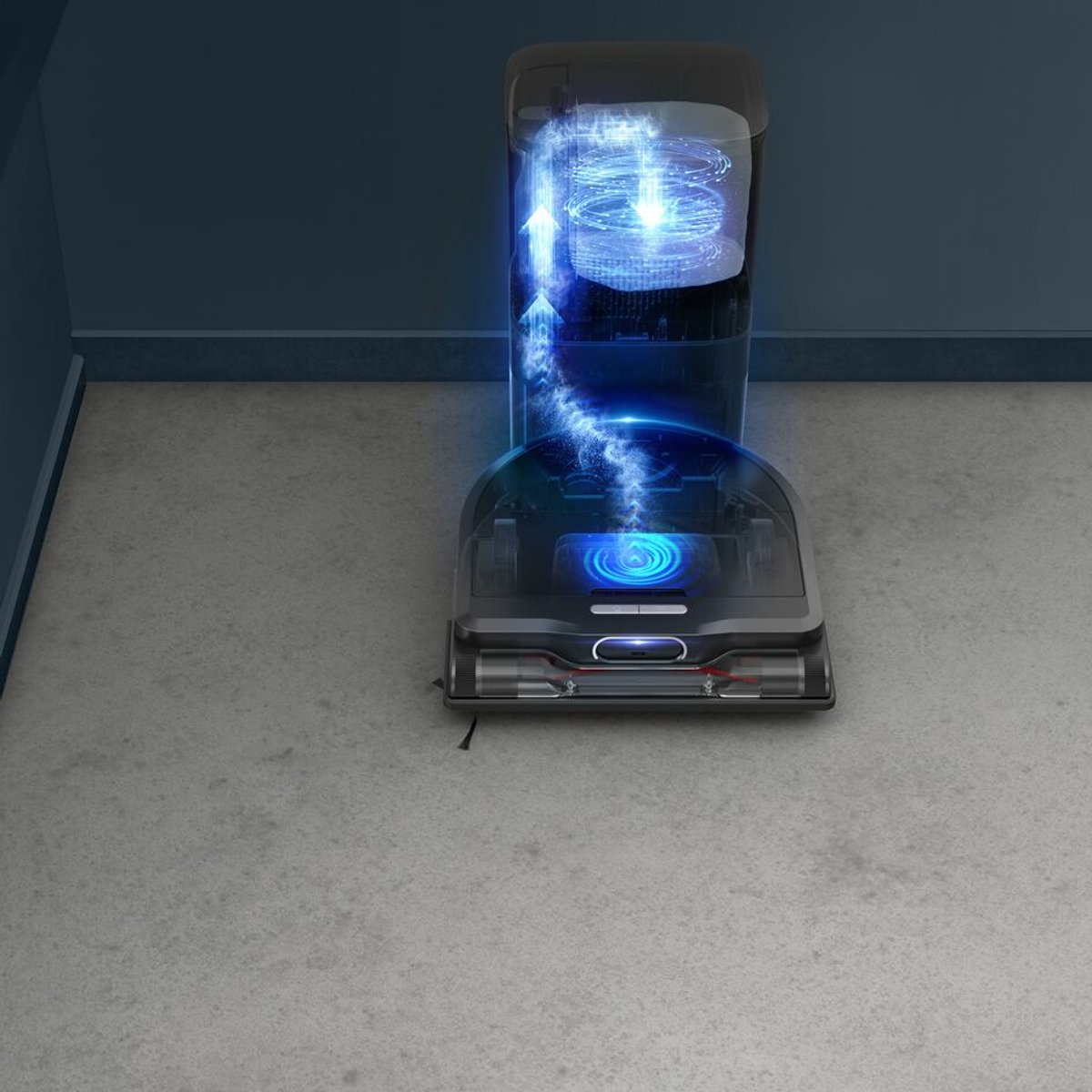 Illustration eines Staubsaugers mit Energiestrahl, blauer Wand und Betonboden im Hintergrund.