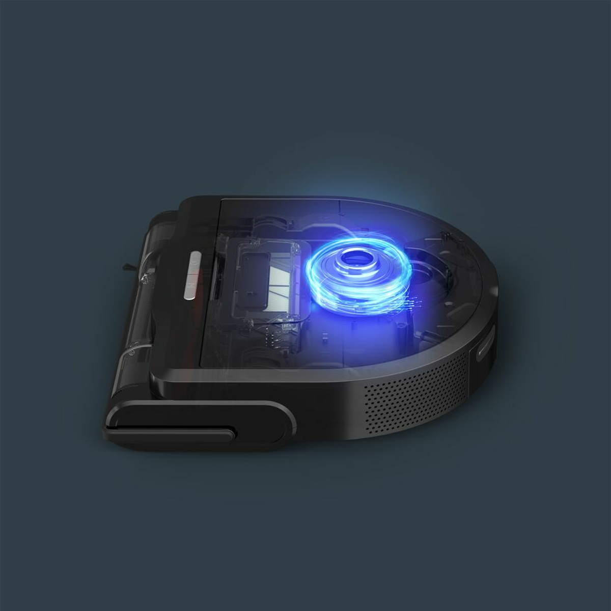 Schwarzer Roboterstaubsauger mit transparentem Deckel, blauem Licht innen, auf dunkelblauem Grund.