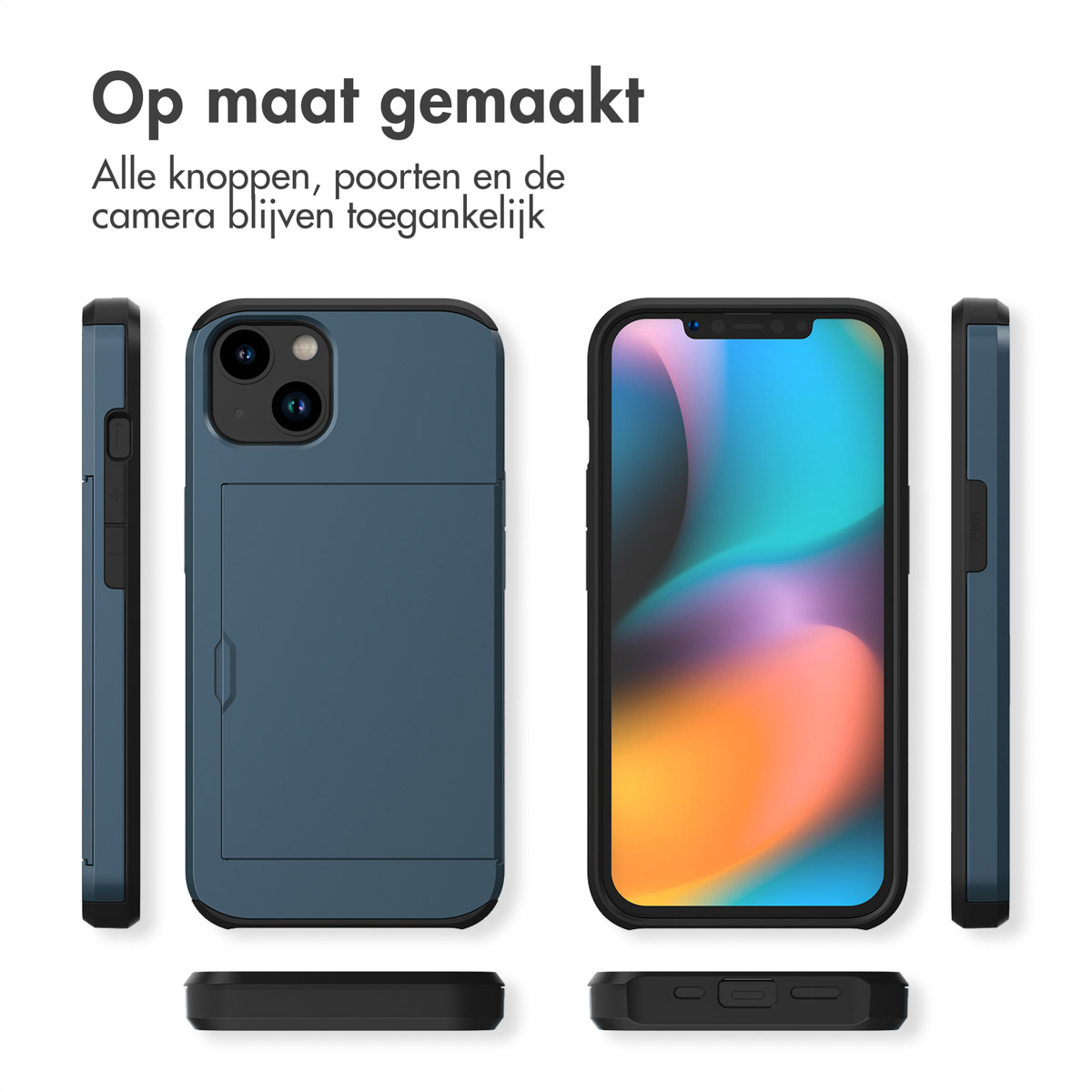 Coque de téléphone montrant différents angles. Elle est bleue et possède une fente pour carte.