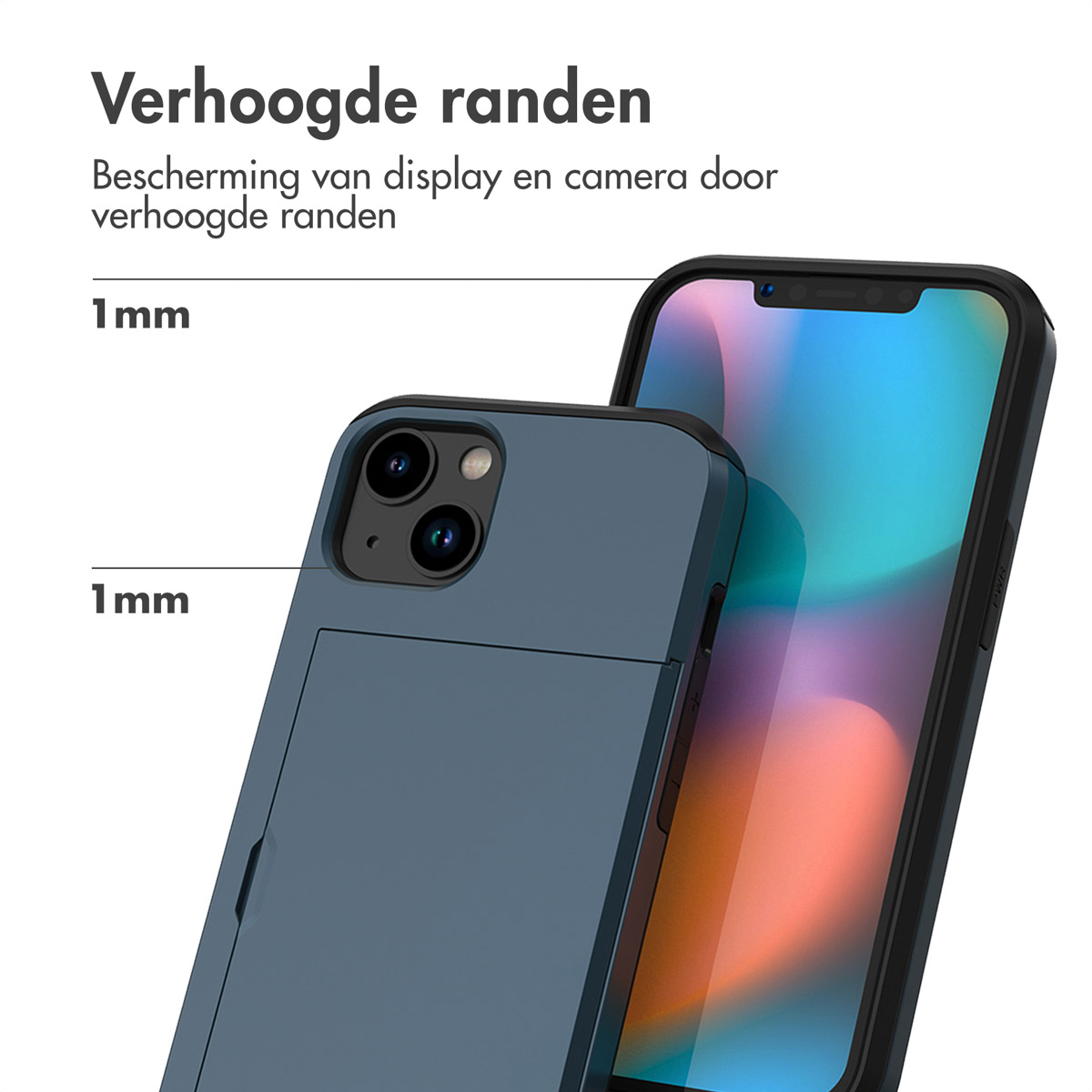 Coque de téléphone bleue avec un téléphone à l'intérieur. La coque protège l'appareil photo et l'écran. Téléphone et coque noirs.