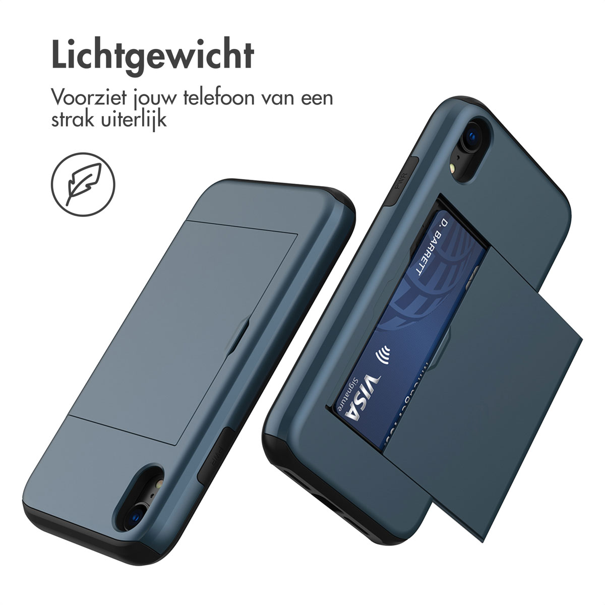 Twee telefoonhoesjes. Eén open, met een kaart. Het gesloten hoesje staat links. Beide zijn marineblauw.