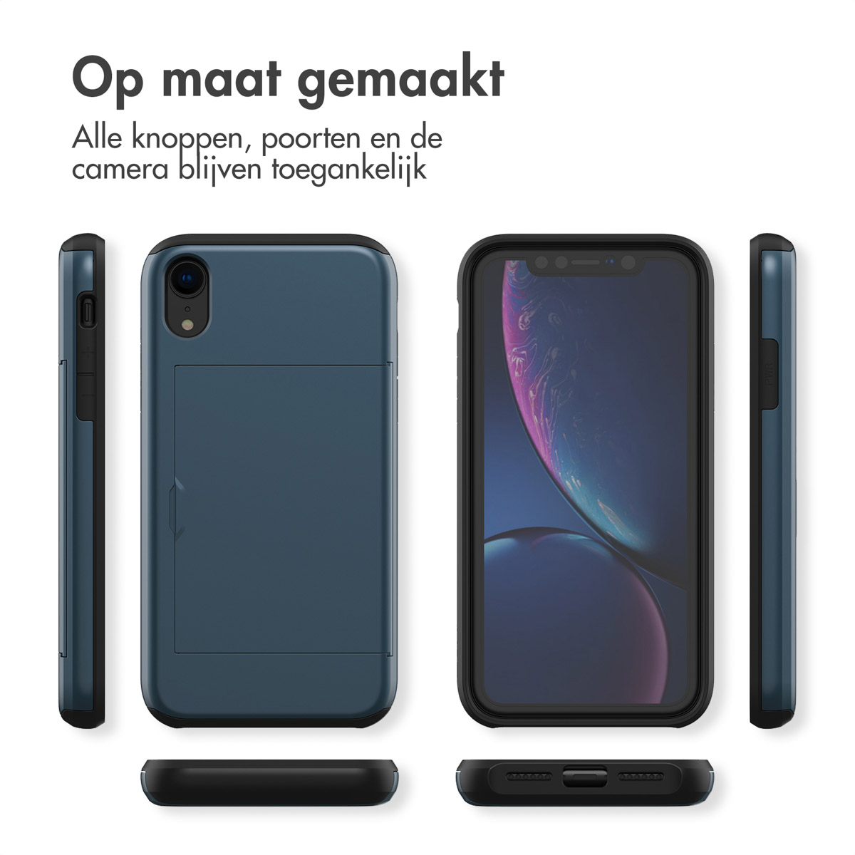 Blauwe telefoonhoes met kaarthouder. De telefoon zit in een hoes. De tekst zegt dat alle knoppen, poorten en camera toegankelijk zijn.