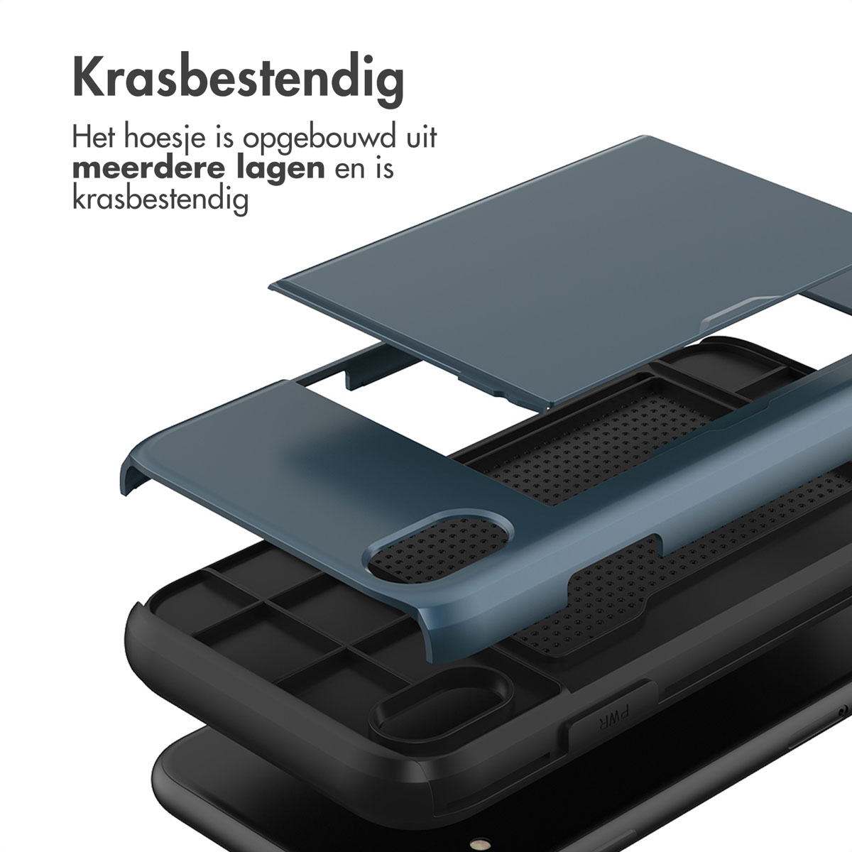 Exploded view van een telefoonhoesje, met lagen en materialen. Tekst zegt 'Krasbestendig'.
