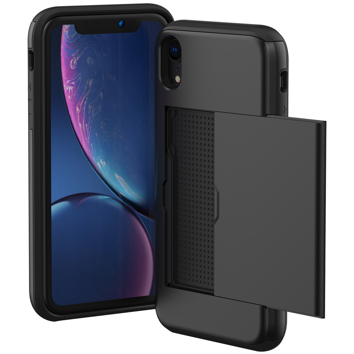Zwarte telefoonhoes met een kaartsleuf en een iPhone XR op de achtergrond.