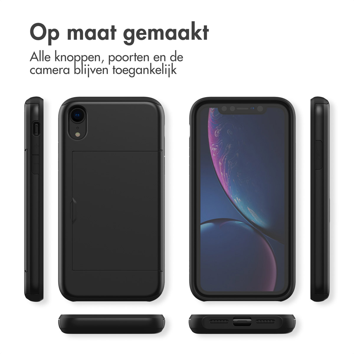 Zwarte telefoonhoes met een telefoon erin. De hoes bedekt de hele telefoon, met uitsparingen voor de camera en poorten.
