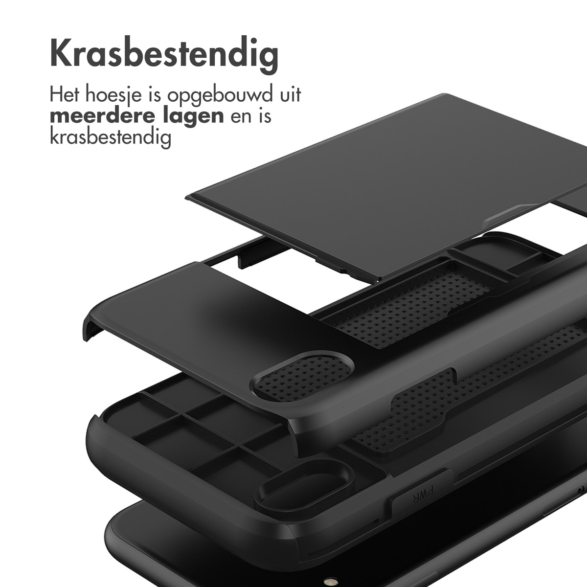 Zwarte telefoonhoeslagen. De hoes is meerlaags en krasbestendig.