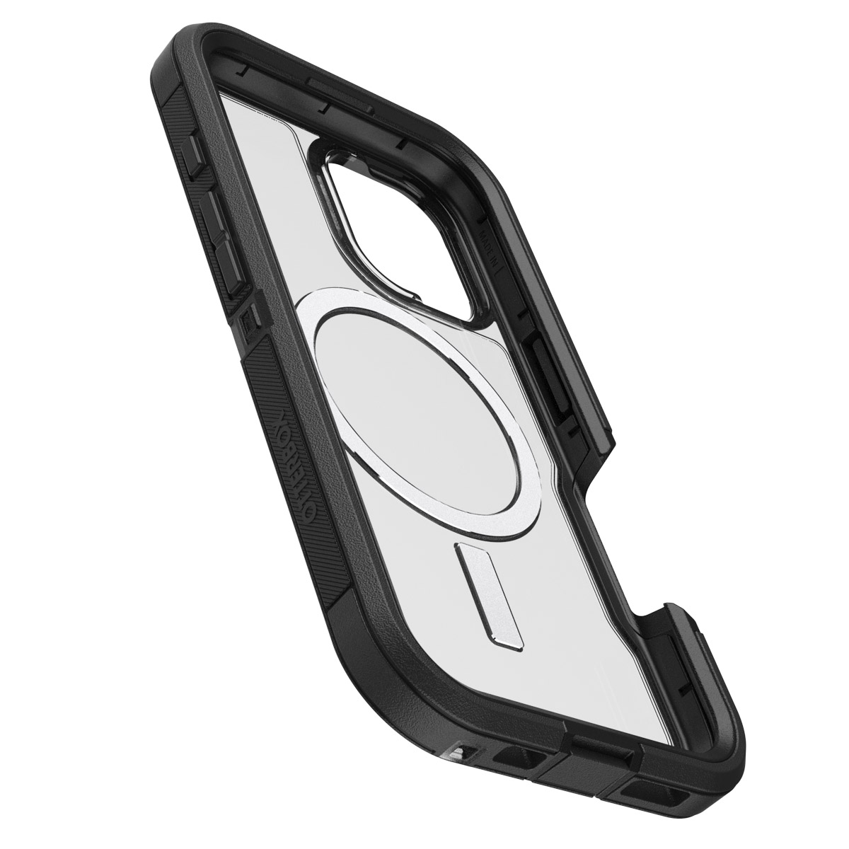 Coque de téléphone transparente, bord noir. Découpe circulaire pour MagSafe. Côté noir texturé.