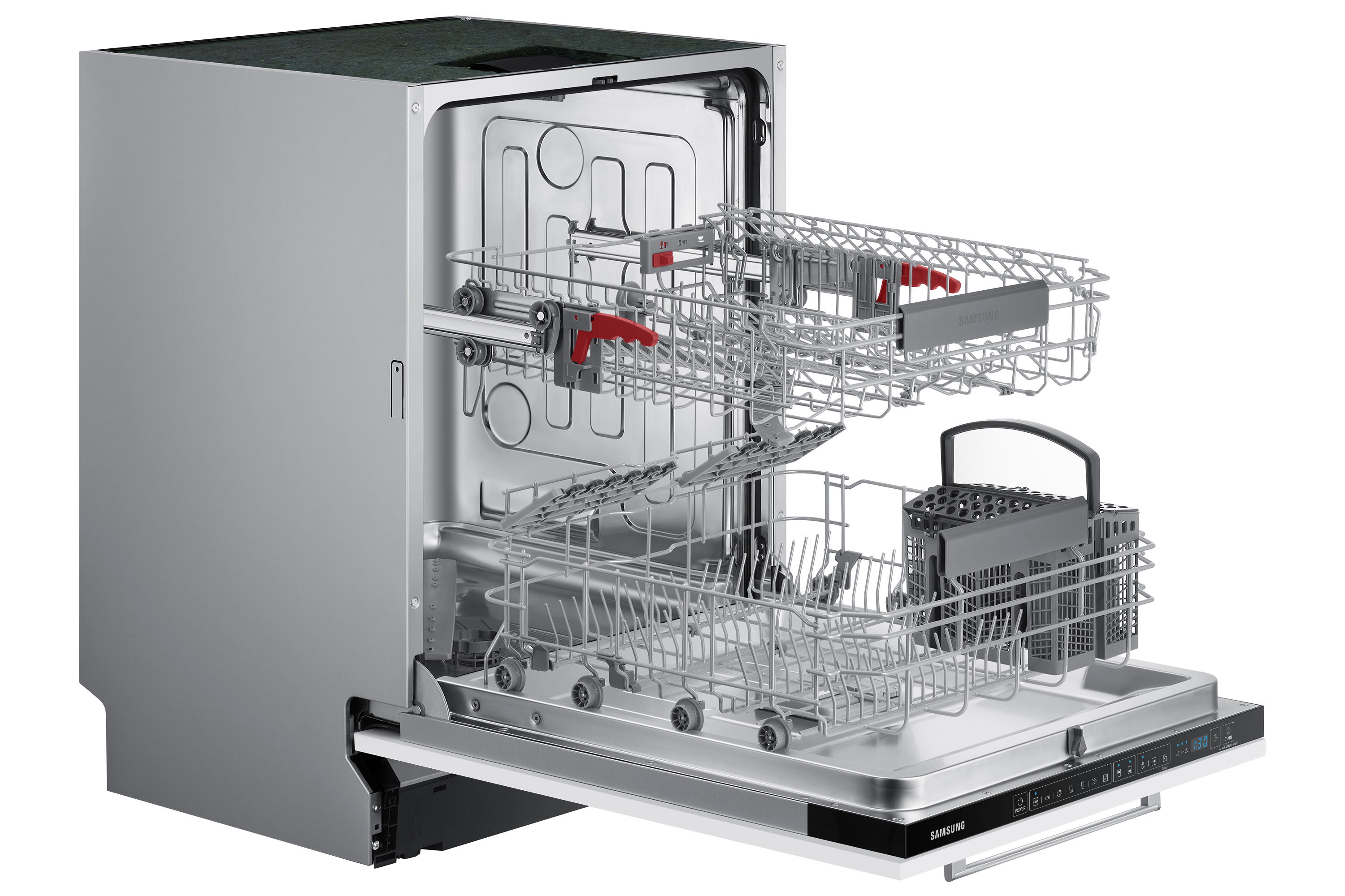 Lavastoviglie aperta in acciaio inox con due cestelli. Maniglie rosse sul cestello superiore. Interno visibile.