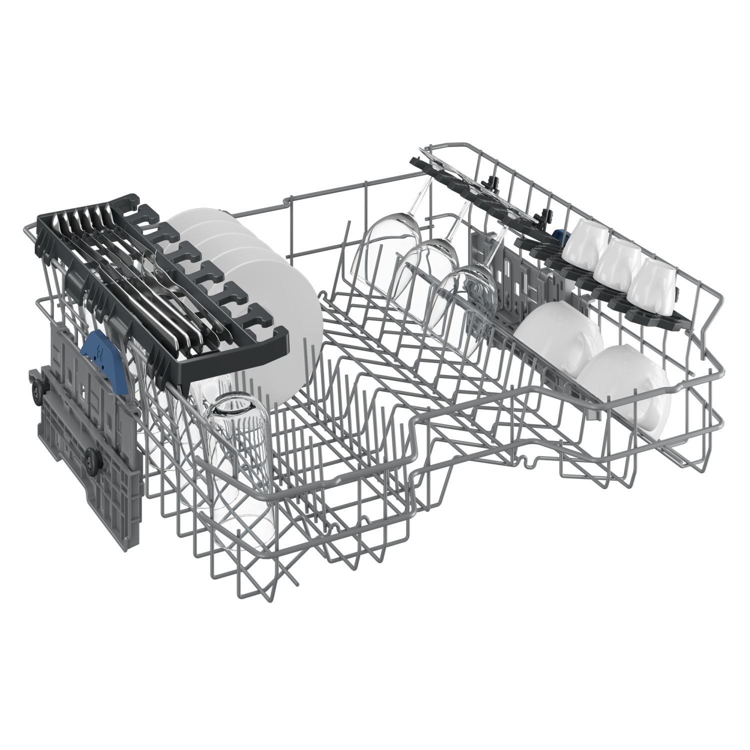 Wnętrze zmywarki z koszami, naczyniami, szklankami i sztućcami.