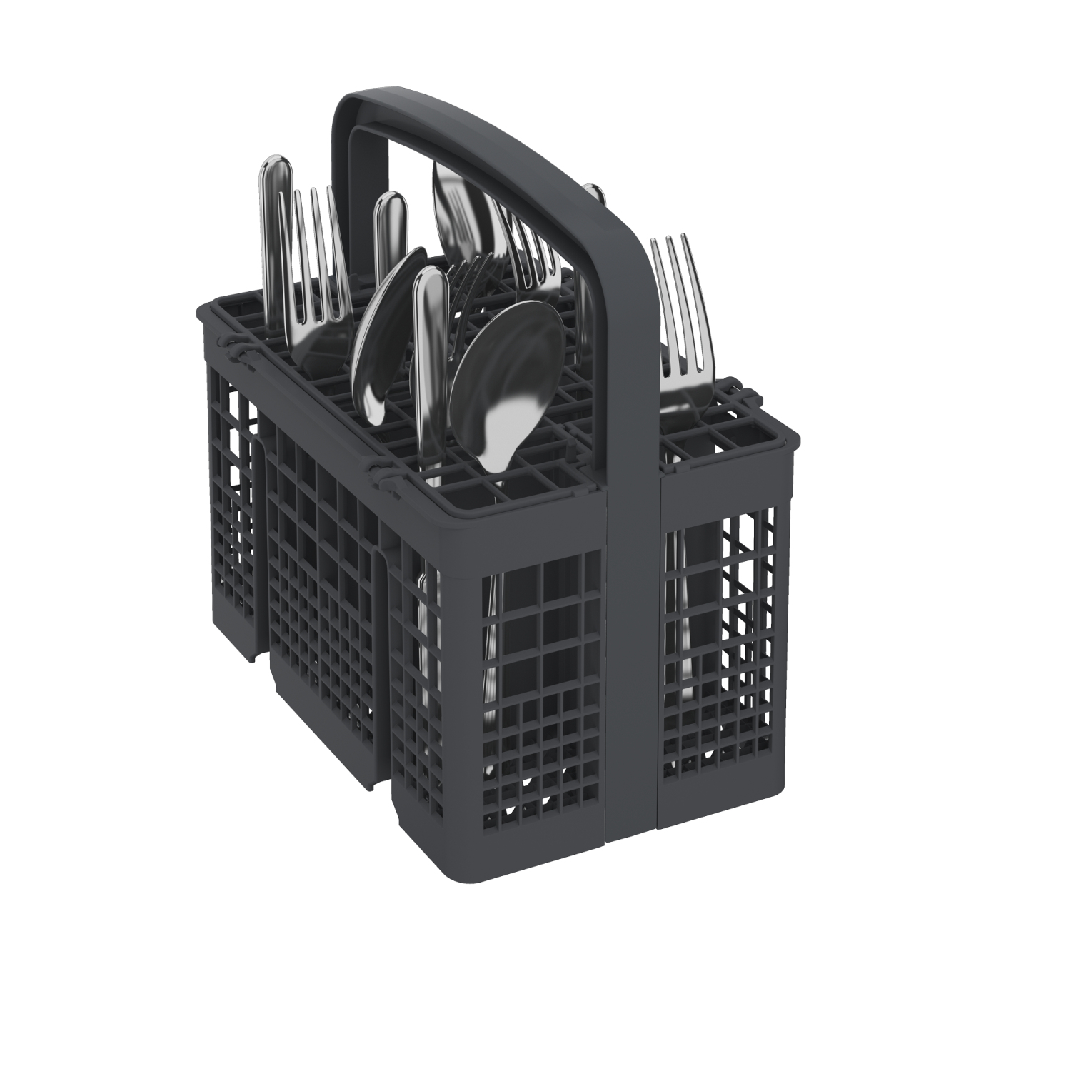 Ciemnoszary koszyk do zmywarki z sztućcami. Widoczne widelce, łyżki i noże.