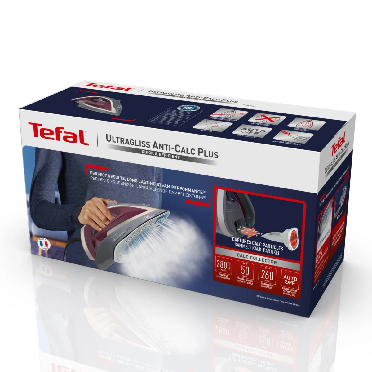 Tefal ütü kutusu, ütüyü ve özelliklerini gösteren, beyaz bir yüzey üzerinde.