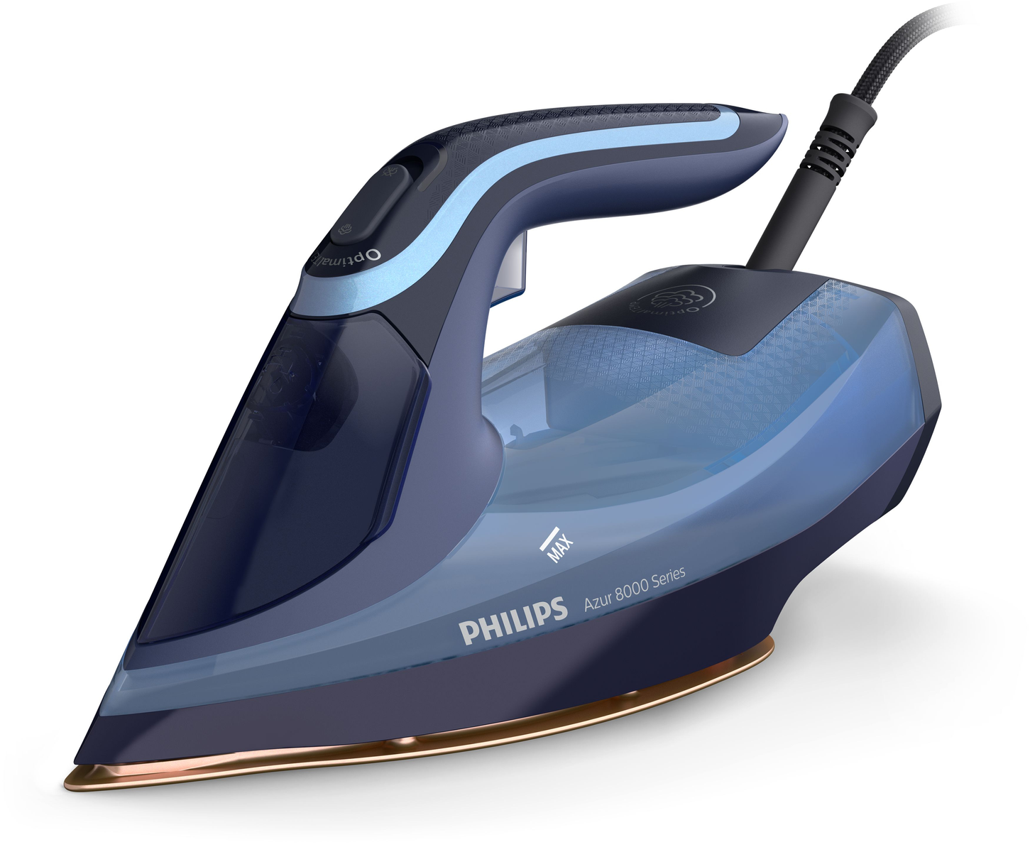 Blaues und schwarzes Philips Bügeleisen. Es hat einen Griff und Einstellungen. Weißer Hintergrund.