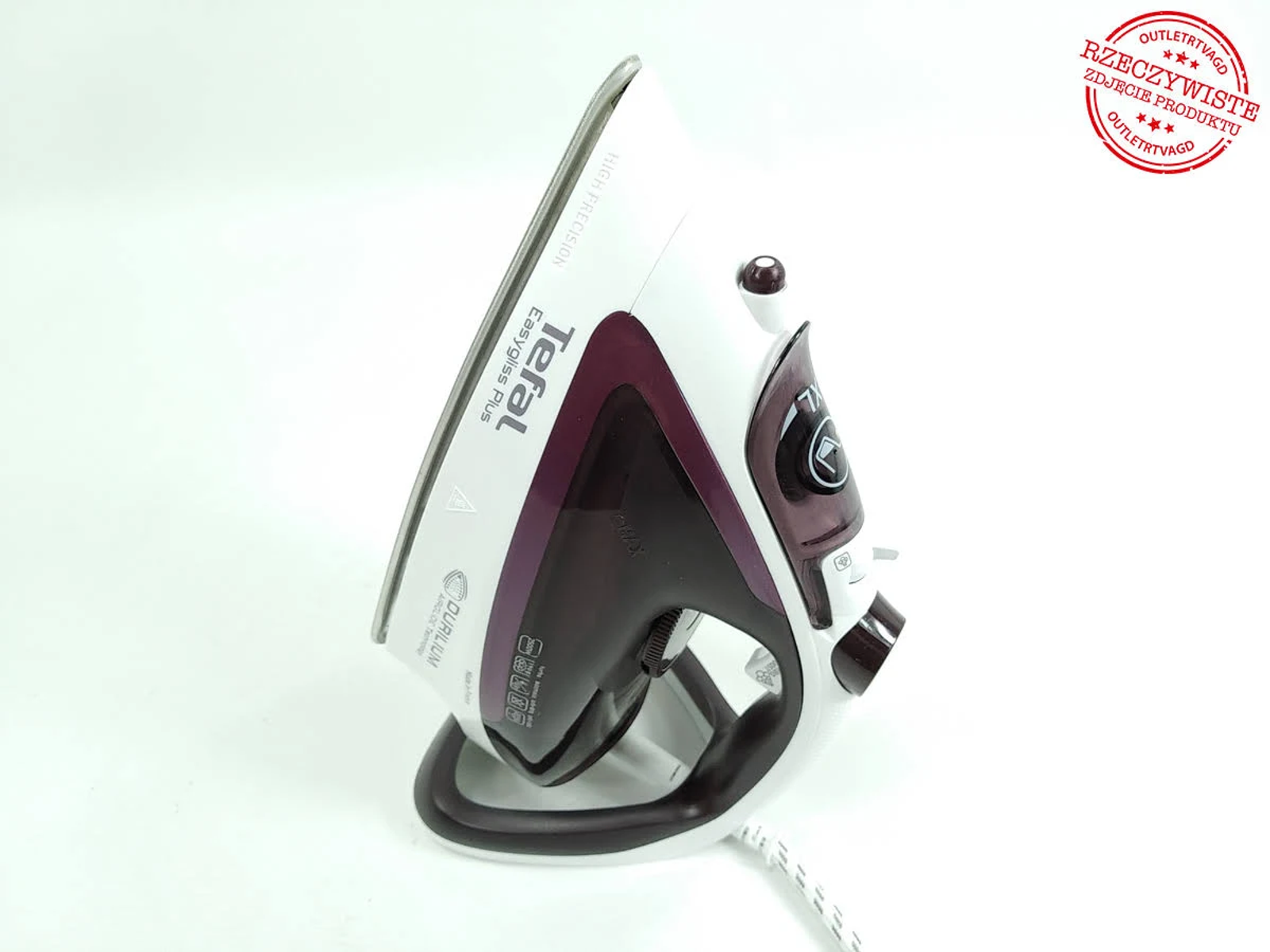 Ferro da stiro Tefal Easygliss Plus bianco e viola, su una superficie bianca. Con manico curvo e cavo.