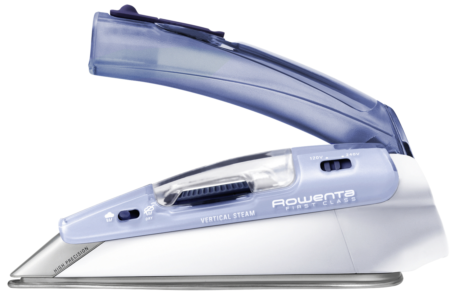Un ferro da stiro bianco e blu con serbatoio dell'acqua aperto e la scritta 'Rowenta FIRST CLASS'.