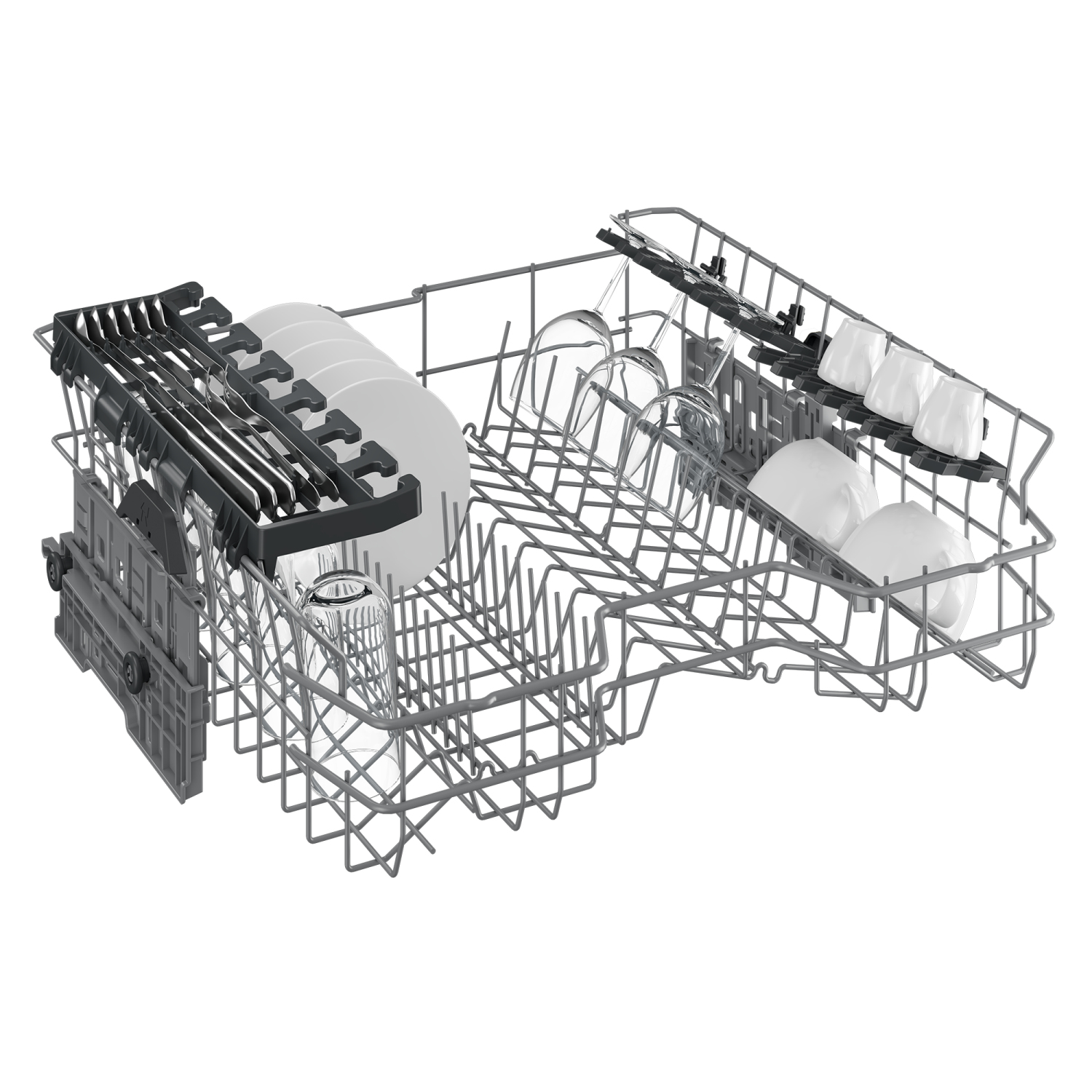 Wnętrze zmywarki, pokazujące stojaki i rozmieszczenie naczyń.