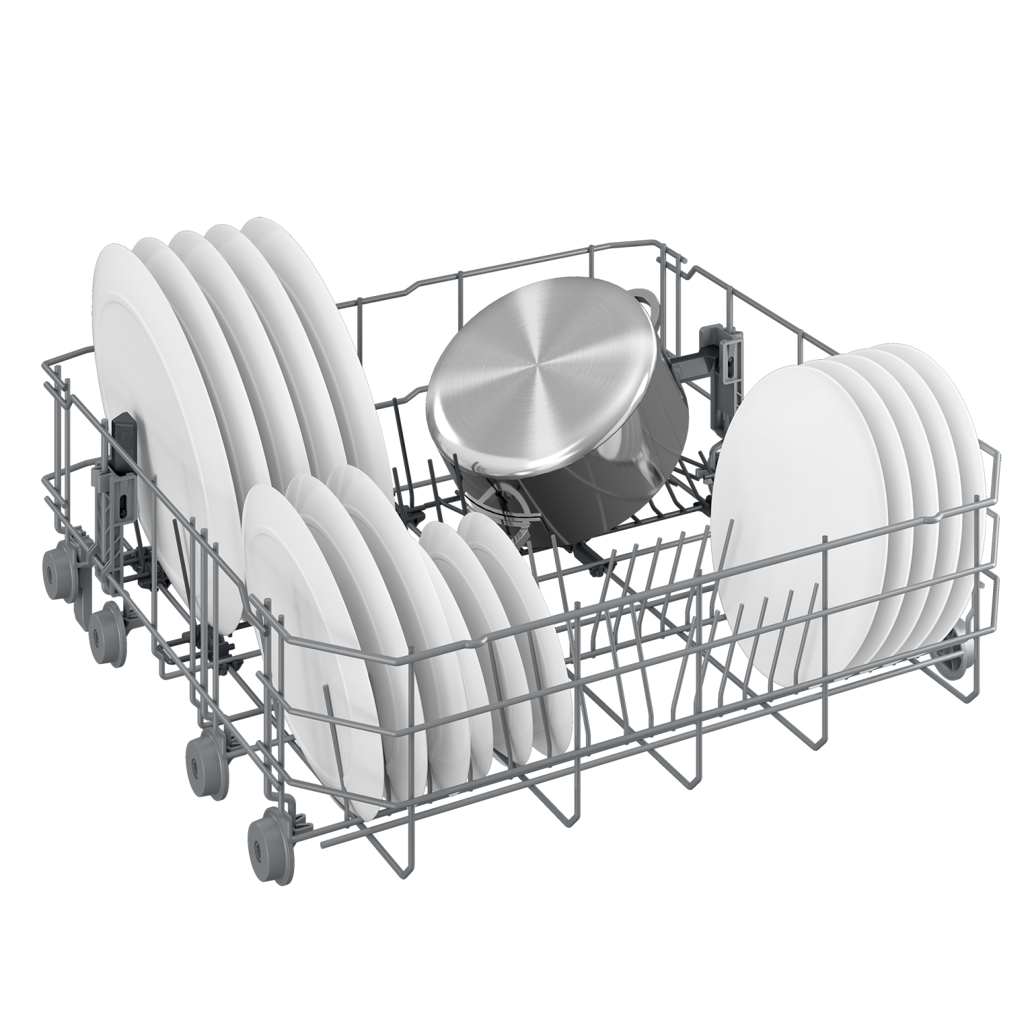 Wnętrze zmywarki z talerzami i garnkiem w środku, na białym tle.