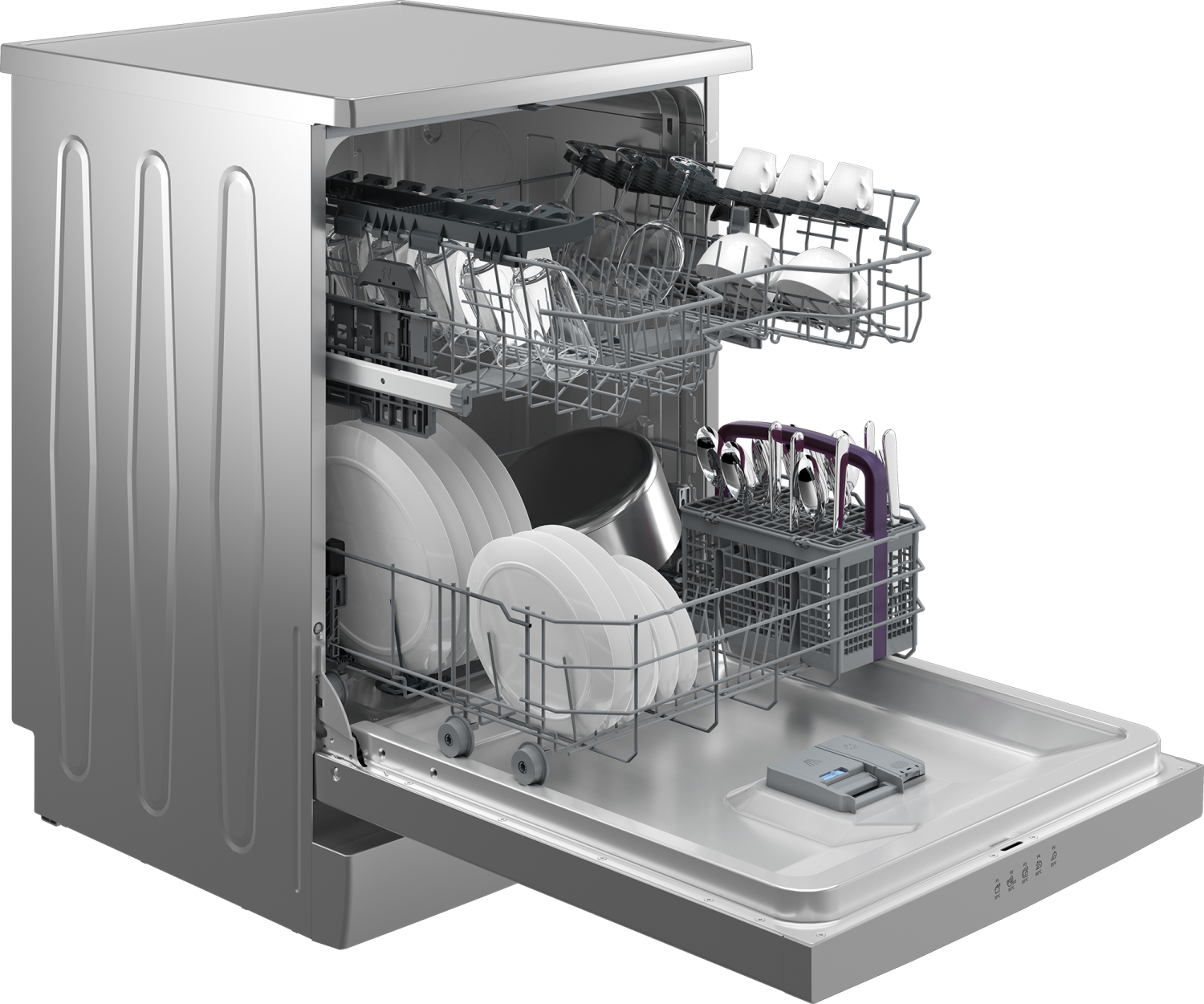 Srebrna zmywarka z otwartymi drzwiami, wypełniona naczyniami, szklankami i sztućcami.