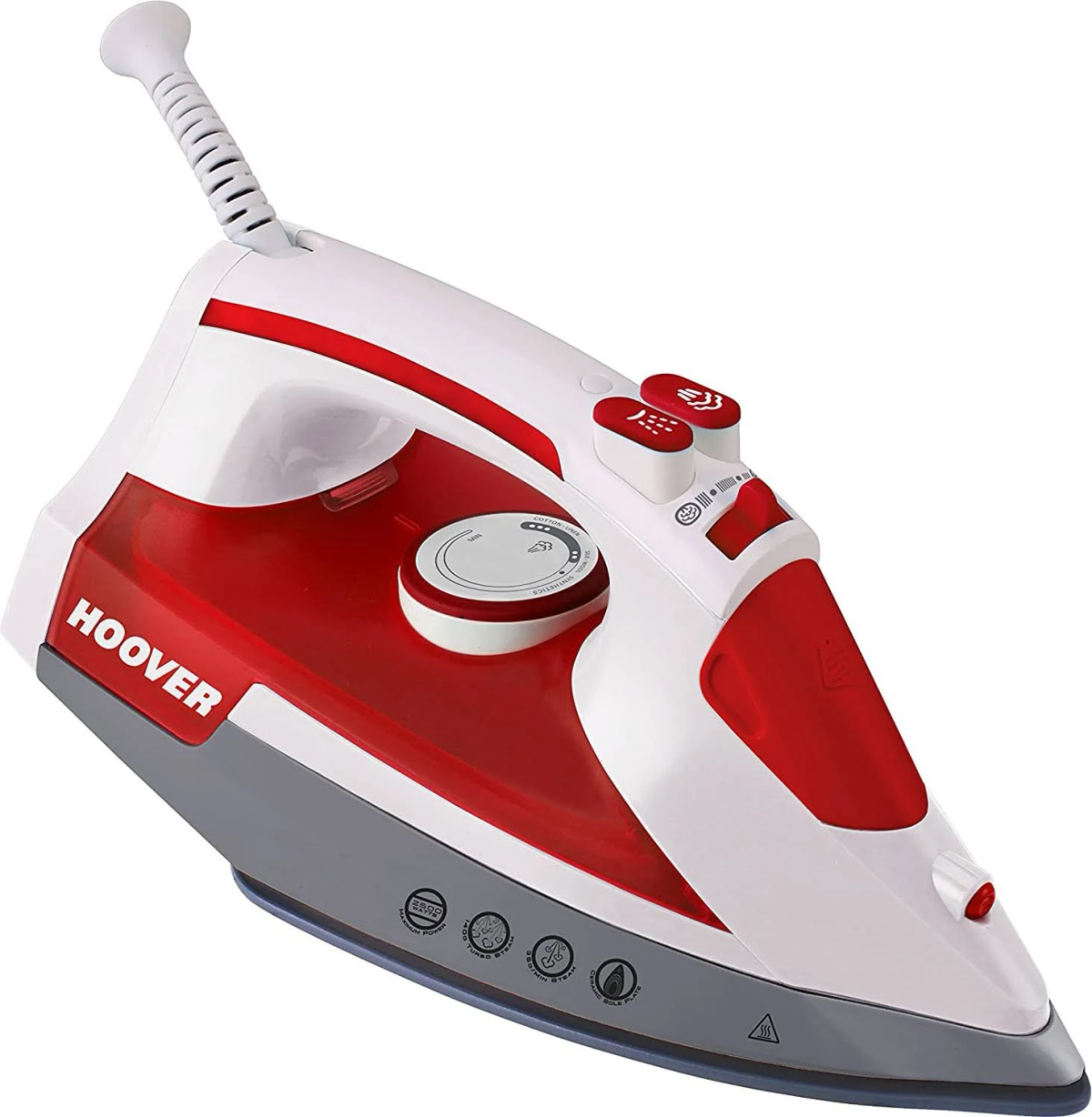 Weißes und rotes HOOVER-Bügeleisen mit grauen Akzenten. Knöpfe und ein Drehregler sind sichtbar.