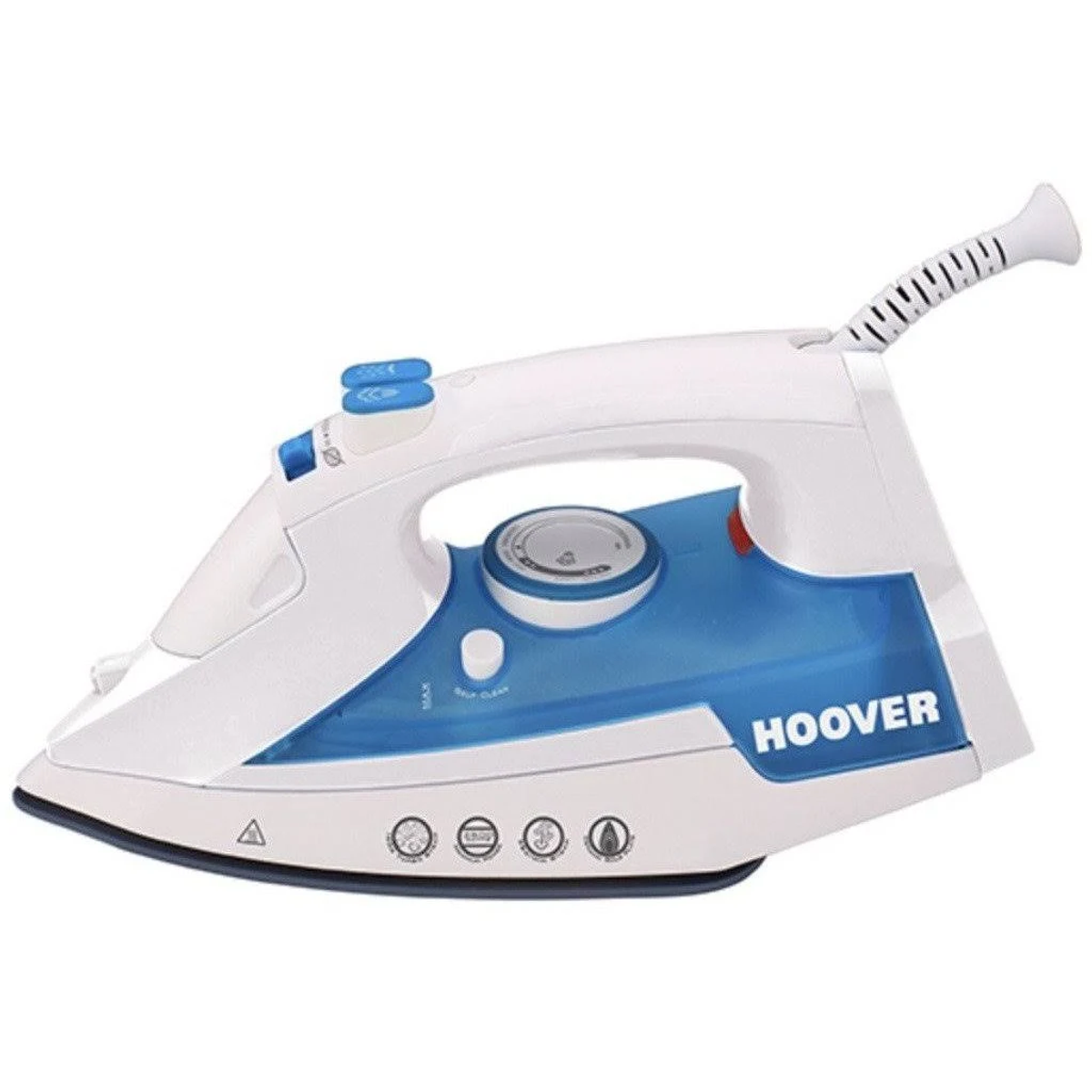 Weißes und blaues Bügeleisen mit Hoover-Logo auf weißem Hintergrund.