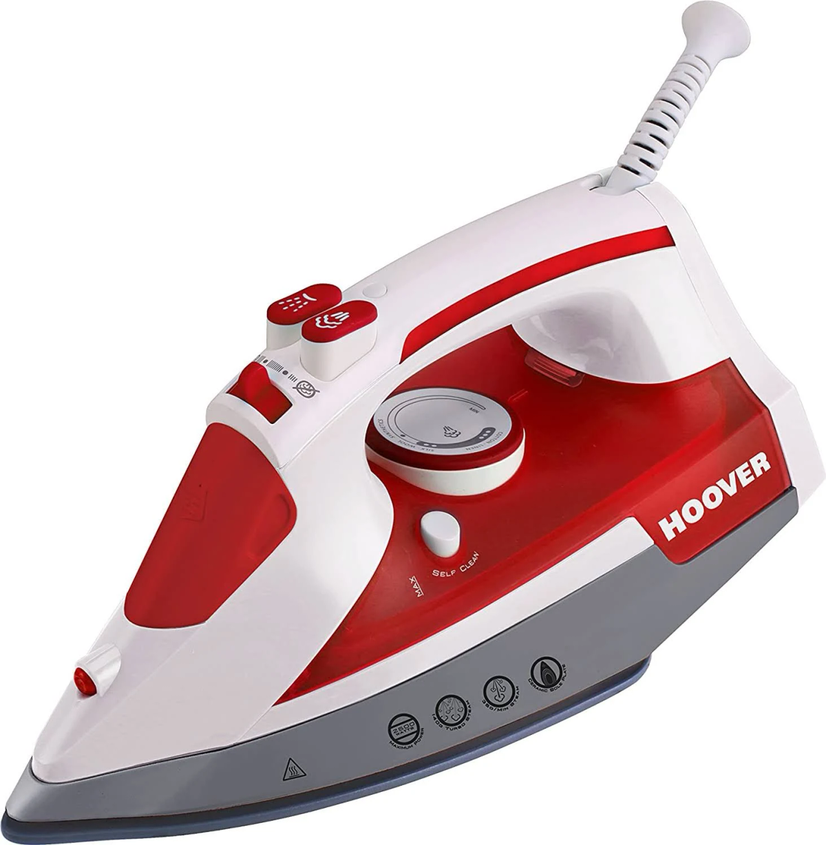 Rotes und weißes Hoover Bügeleisen mit Knöpfen, Drehknopf und Netzkabel.