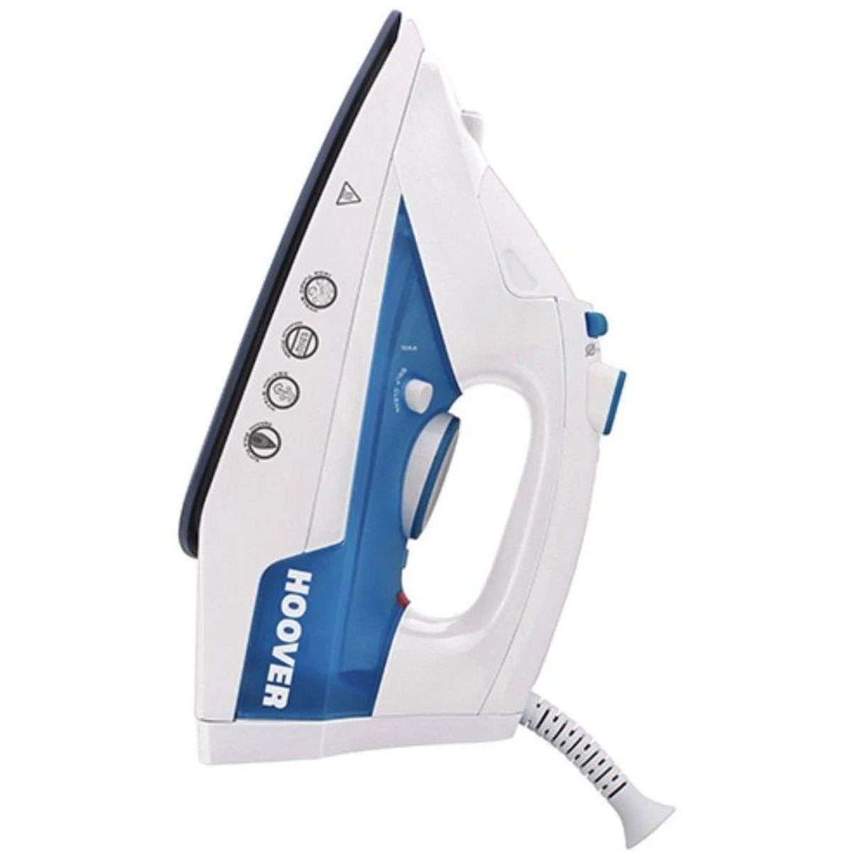 Ein blau-weißes Hoover-Bügeleisen, angewinkelt, mit sichtbarem Kabel.