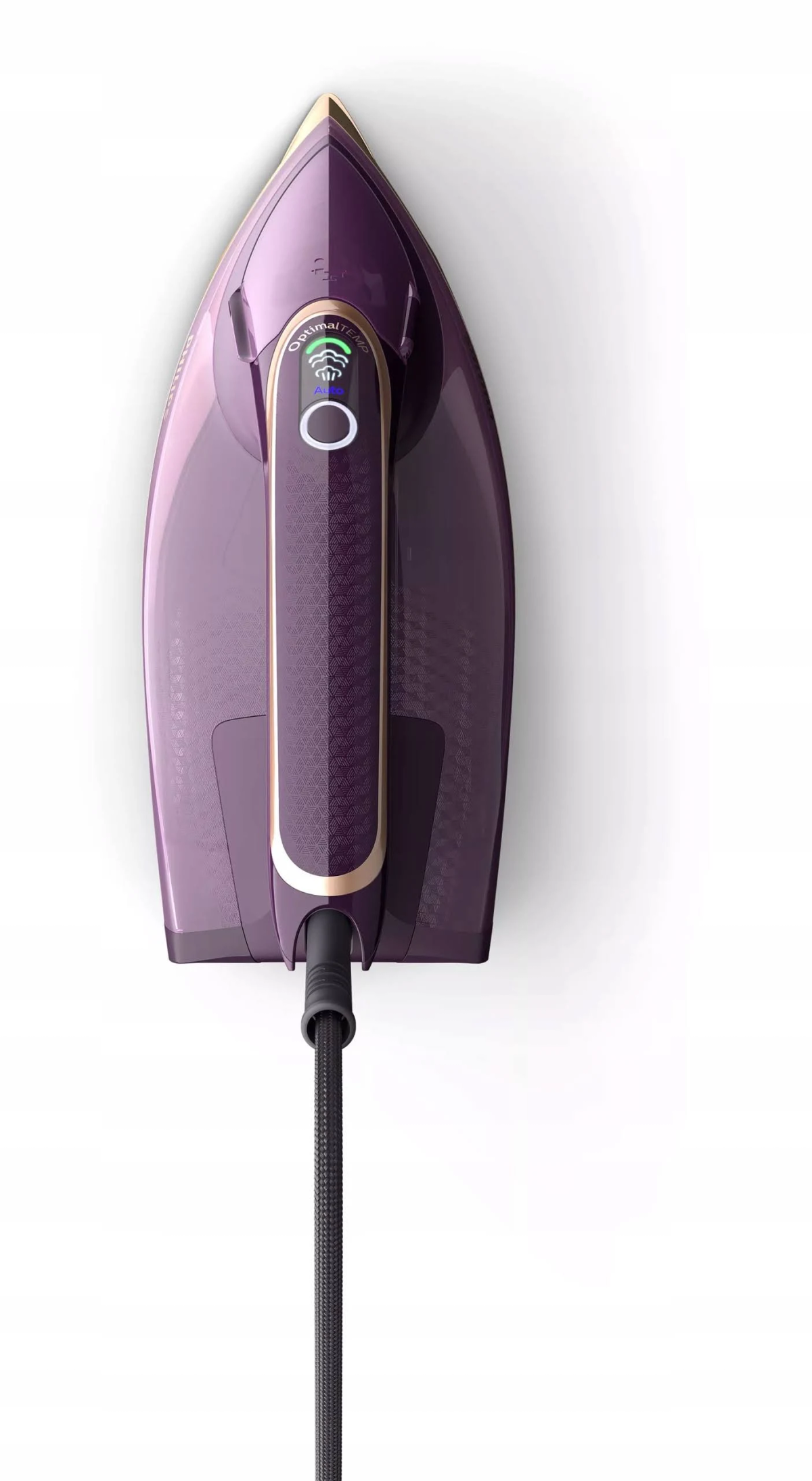 Fioletowe żelazko z czarnym kablem, widok z góry na białym tle. Złote akcenty i elementy sterujące widoczne.