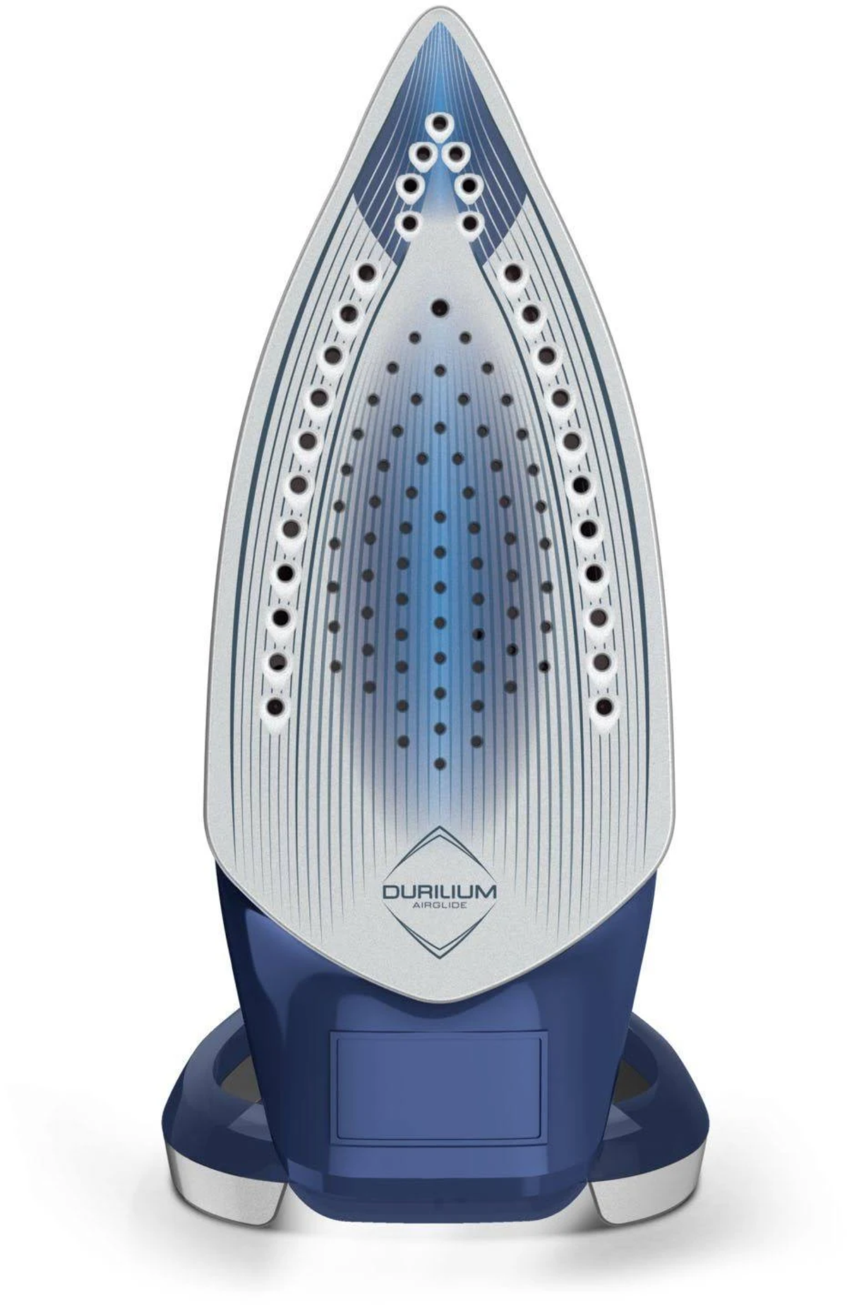 Bügeloberfläche eines blau-weißen Bügeleisens. Das Bügeleisen hat Lüftungslöcher und einen blauen Sockel.