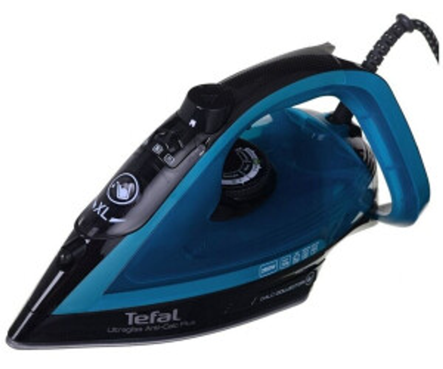 Ferro da stiro nero e turchese, marchio Tefal. Il ferro ha una punta e un marchio XL sul lato.