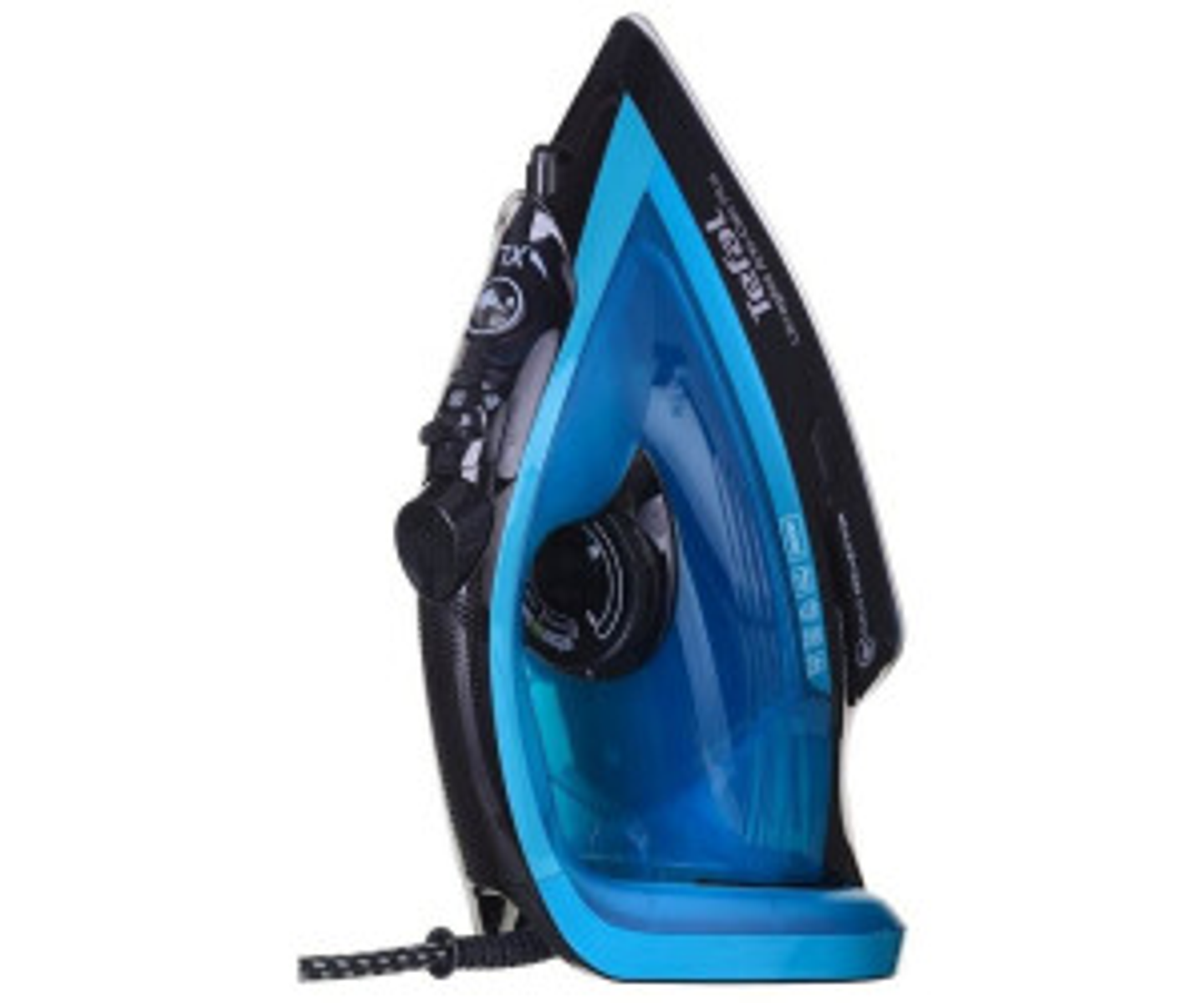 Ferro da stiro Tefal blu e nero su sfondo bianco.