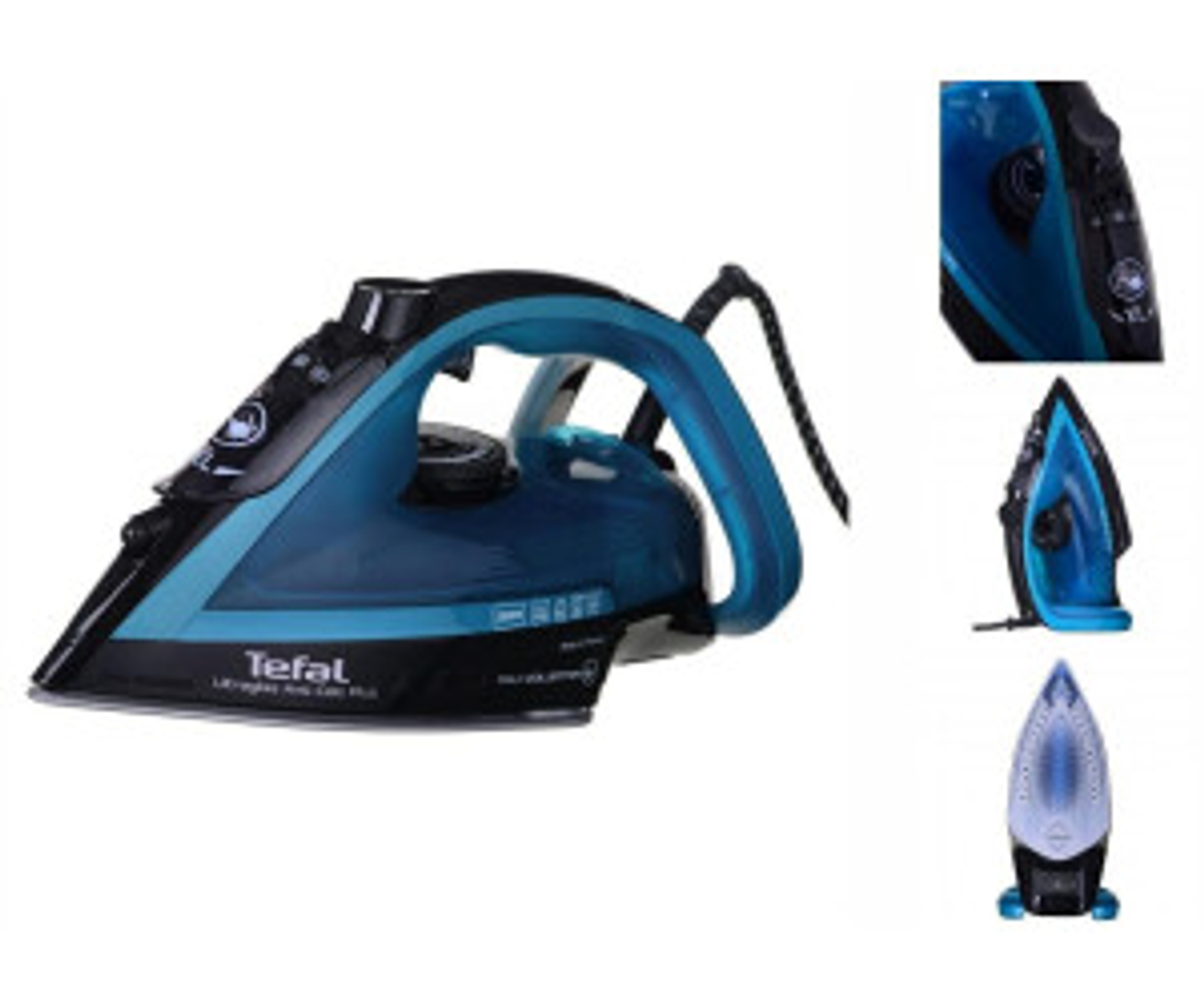Un ferro da stiro Tefal blu e nero. Vengono mostrate diverse viste: laterale, frontale e dall'alto. Vengono mostrati i dettagli del ferro.