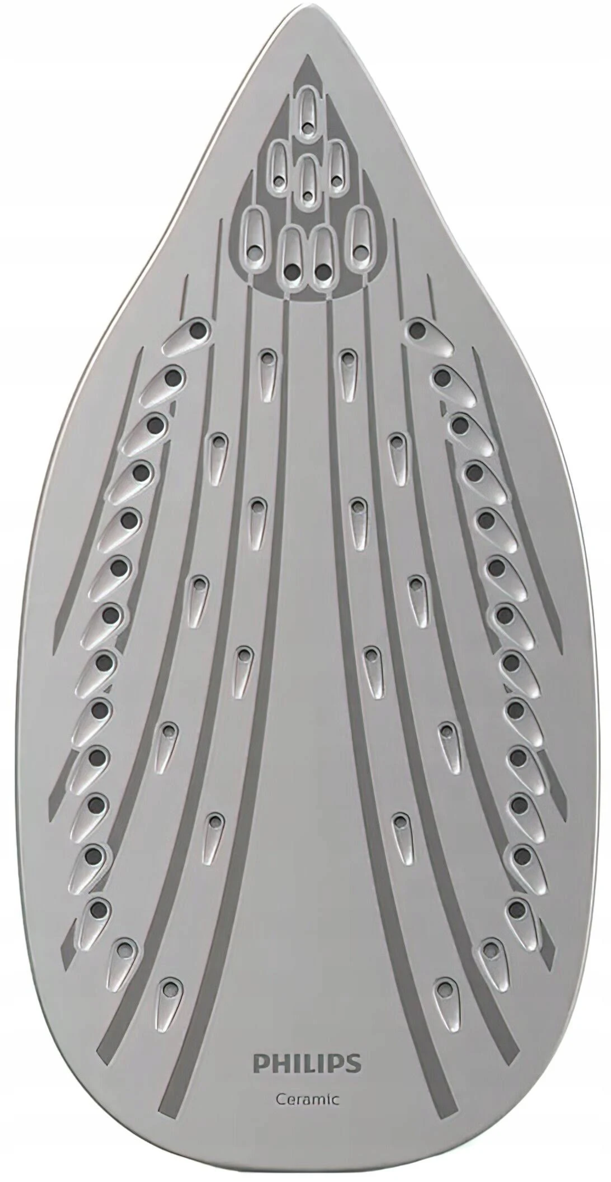 Zbliżenie stopy żelazka. Jest szara z wieloma otworami i słowem 'PHILIPS'.