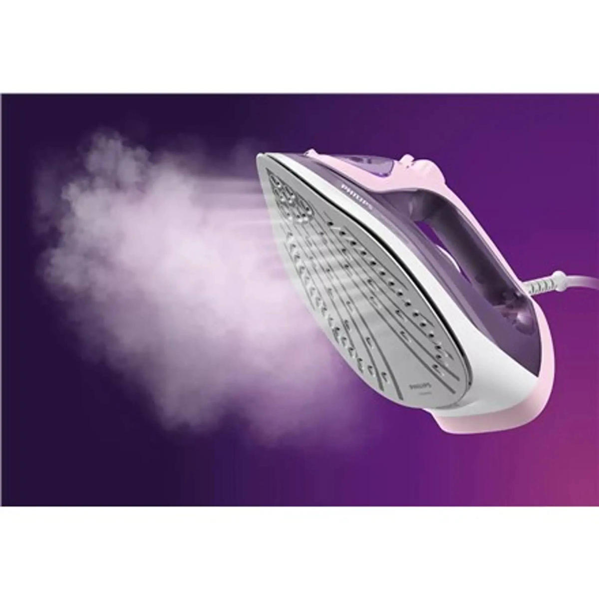 Różowe żelazko Philips emitujące parę. Jest na fioletowym tle z wydobywającą się parą.