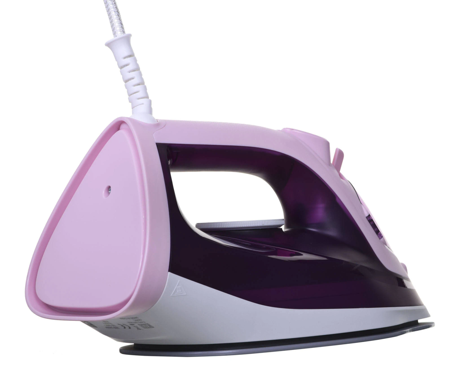 Różowe żelazko z fioletowym korpusem, na białym tle.