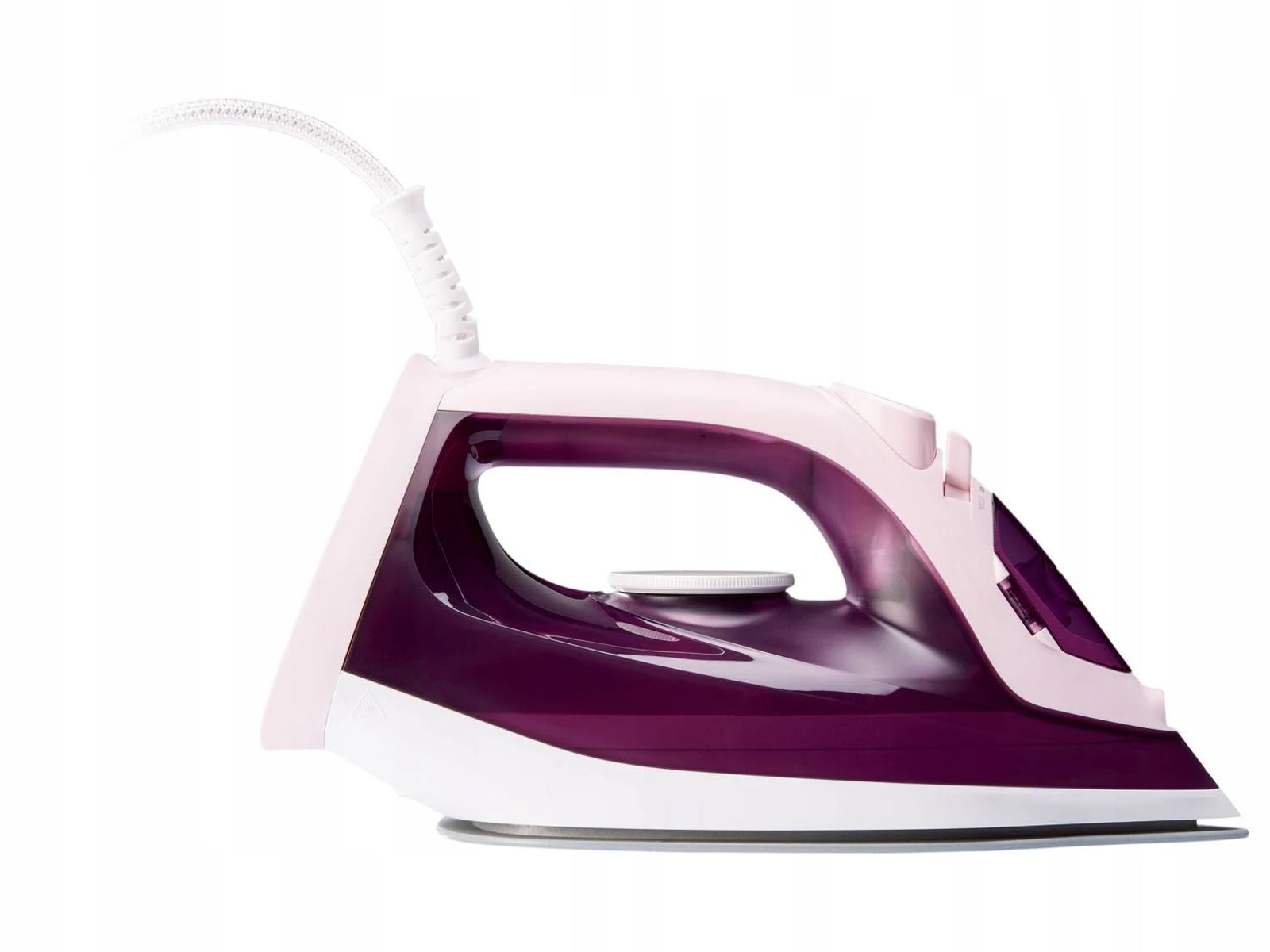 Fioletowo-białe żelazko z białym kablem i białym tłem, widok z boku.