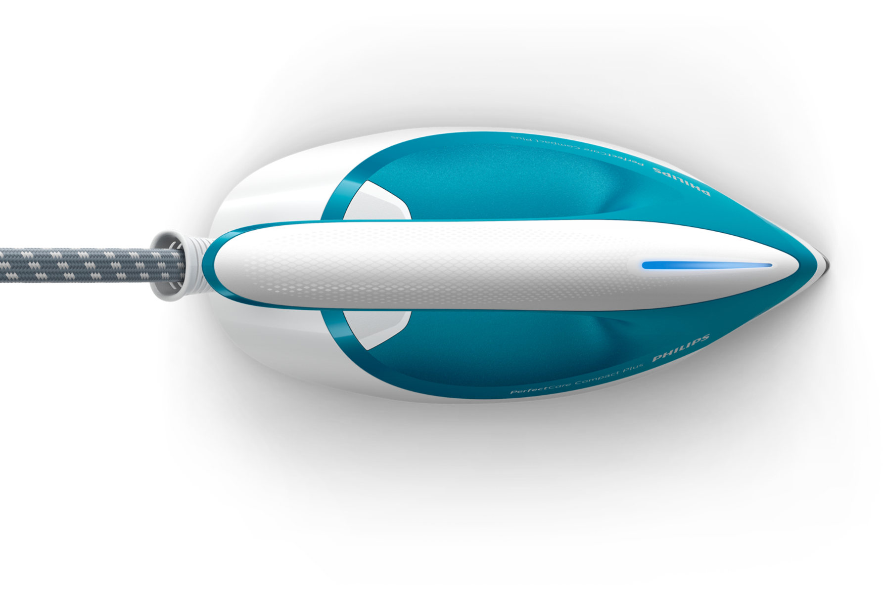 Bovenaanzicht van wit en blauw Philips PerfectCare Compact Plus strijkijzer. Toont snoer en blauw licht.
