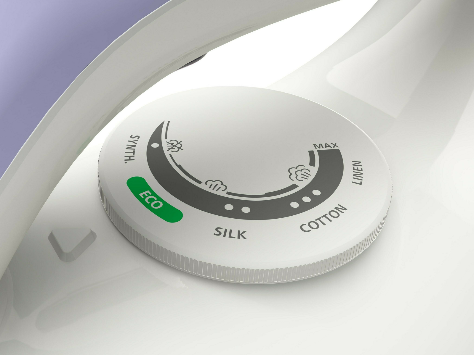 Pokrętło ustawień żelazka z ustawieniami Eco, Jedwab, Len, Bawełna i Max.